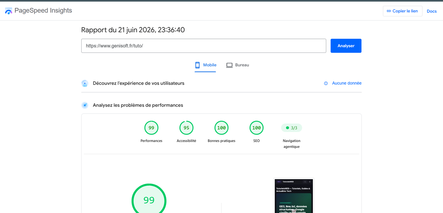 An optimized site achieves a perfect 3/3 Agentic Browsing score on PageSpeed Insights