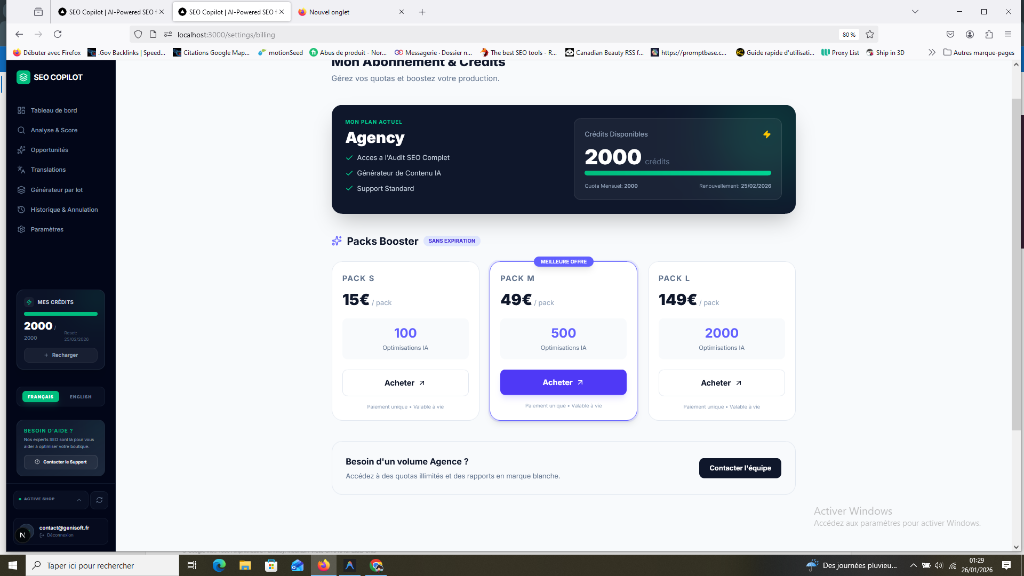 Page Mon Abonnement et Crédits